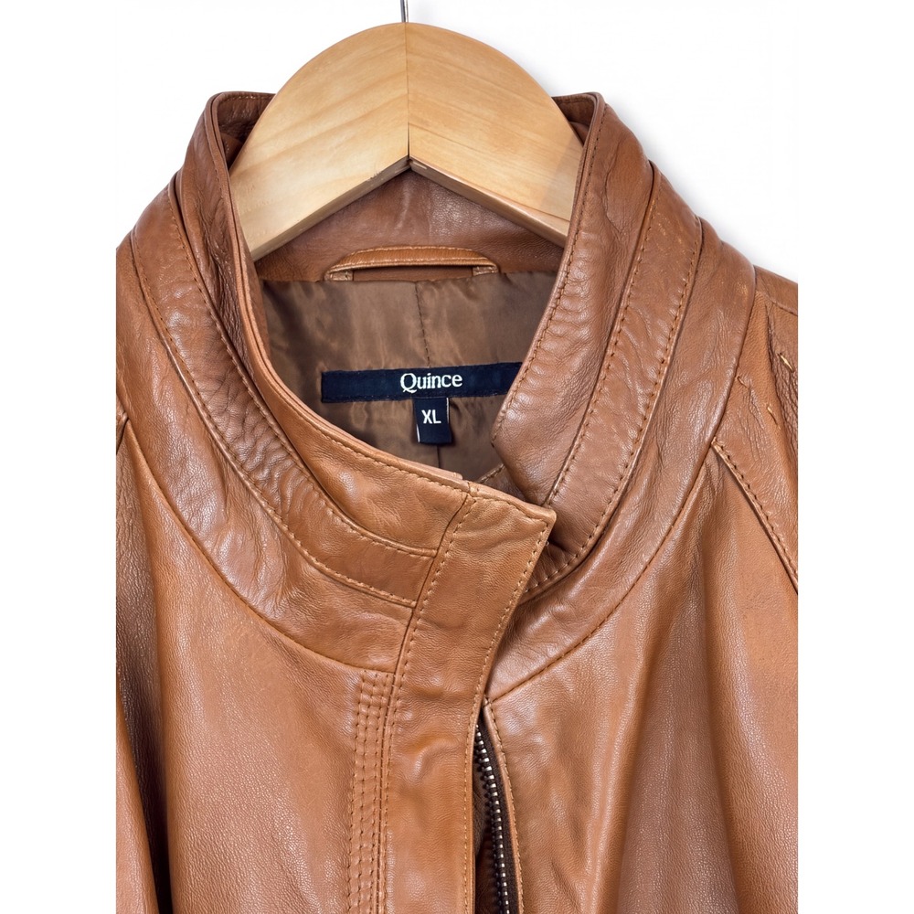 Quince Womens Leather Jacket Cognac Brown Stand Collar Full Zip Size XL - Picture 7 of 7